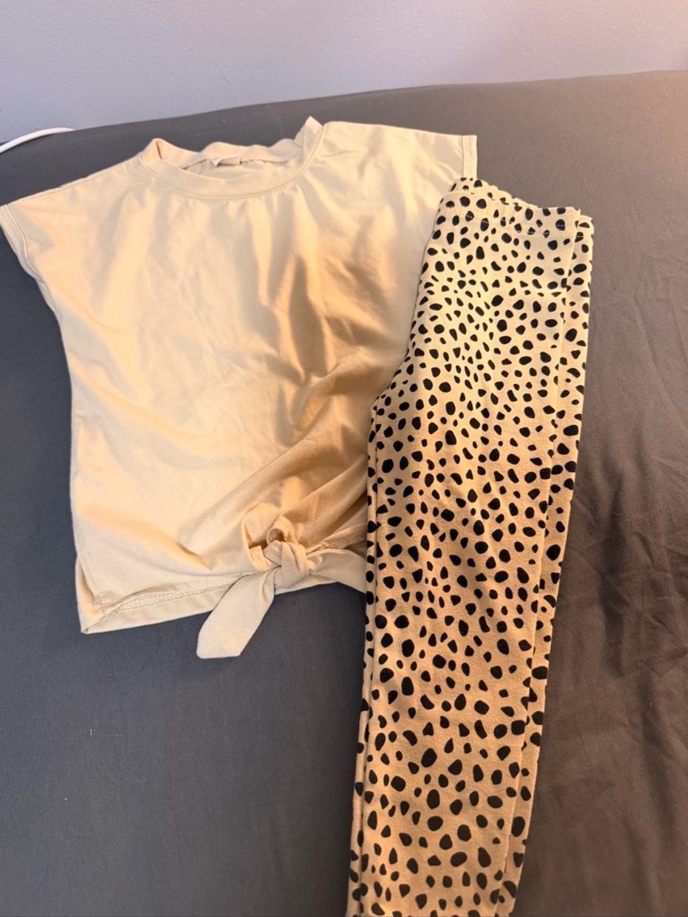 Kids Two-Piece Cream Tie-Front Tank & Tan Leopard Leggings Set